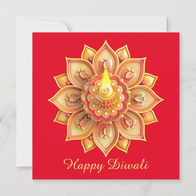 Tarjeta Festiva Feliz Diwali Festival de Oro Ligero Rojo (Anverso)