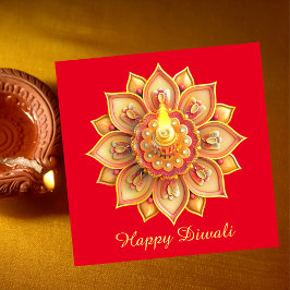 Tarjeta Festiva Feliz Diwali Festival de Oro Ligero Rojo
