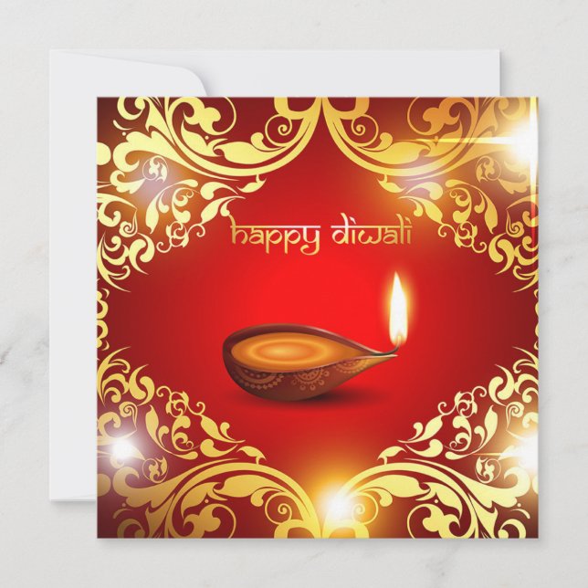 Tarjeta Festiva Feliz Diwali Festival de Oro Ligero Rojo (Anverso)