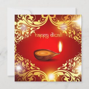 Tarjeta Festiva Feliz Diwali Festival de Oro Ligero Rojo