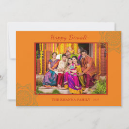 Tarjeta Festiva Feliz Diwali Foto Naranja Gold Mandala Saludo