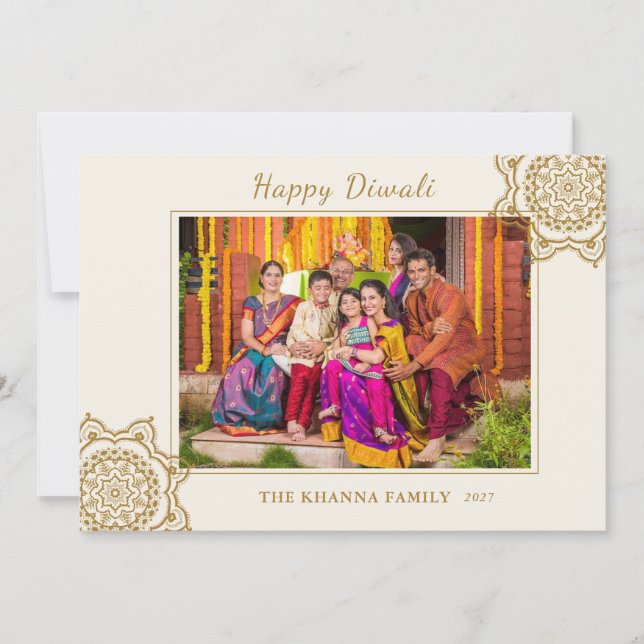 Tarjeta Festiva Feliz Diwali Foto Red Gold Mandala Saludo (Anverso)