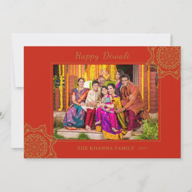 Tarjeta Festiva Feliz Diwali Foto Red Gold Mandala Saludo (Anverso)