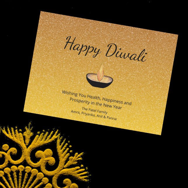 Tarjeta Festiva Feliz Diwali Gold Purpurina Diya Flame (Subido por el creador)