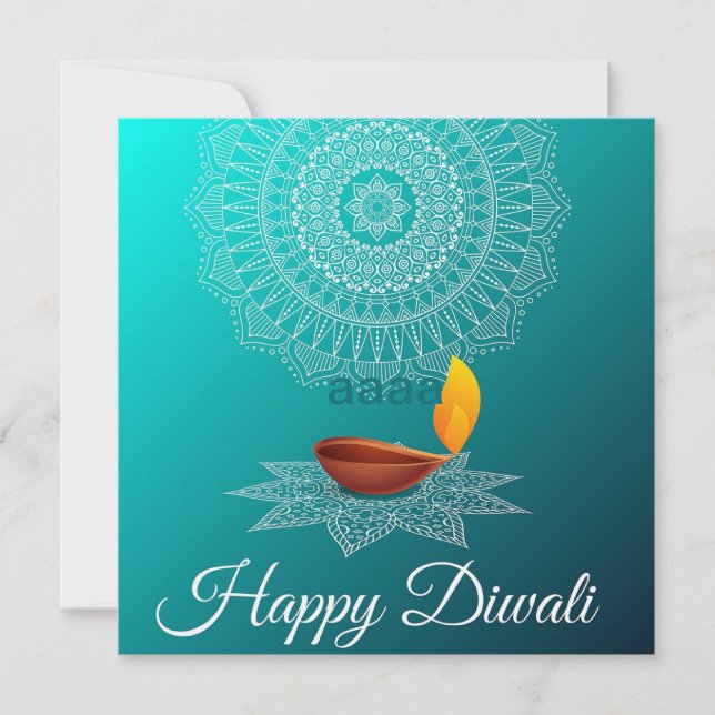 Tarjeta Festiva Feliz Diwali Mandala Diya Festival de Azul Claro (Anverso)