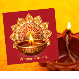 Tarjeta Festiva Feliz Diwali Mandala Diya Festival de la Luz Roja