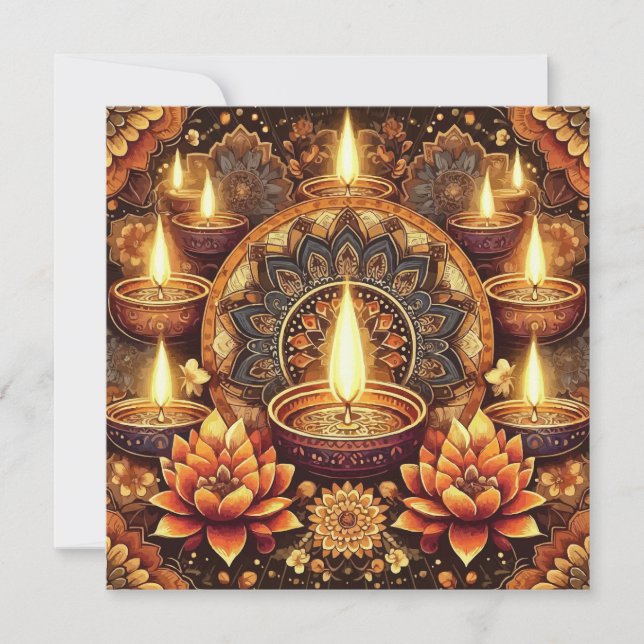 Tarjeta Festiva Feliz Diwali Mandala Diya Lotus Festival de la Luz (Anverso)