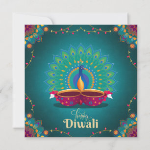Tarjeta Festiva Feliz Diwali Peacock Diya Festival de Blue claro