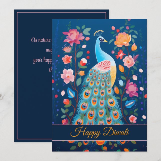 Tarjeta Festiva Feliz Diwali Peacock y Flores (Anverso / Reverso)