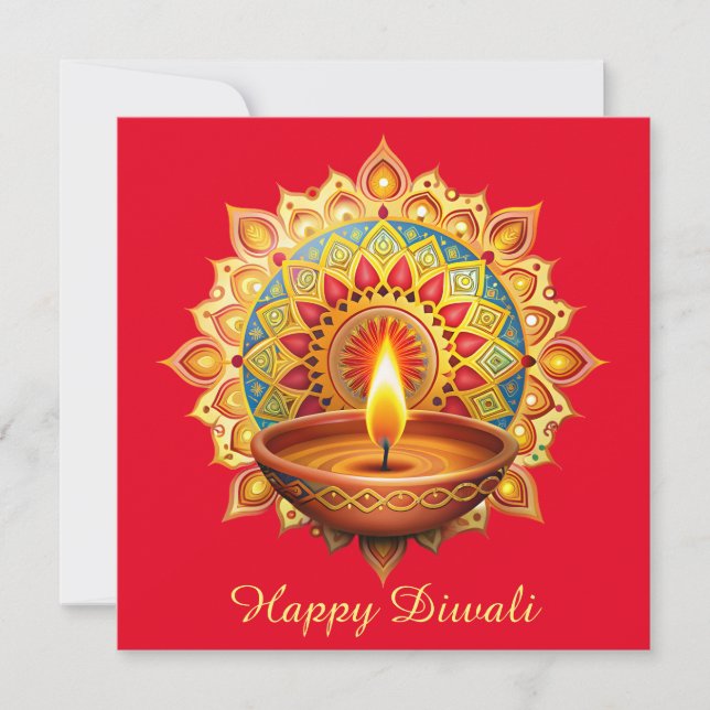 Tarjeta Festiva Feliz Diwali Rangoli Diya Festival de la Luz Roja (Anverso)