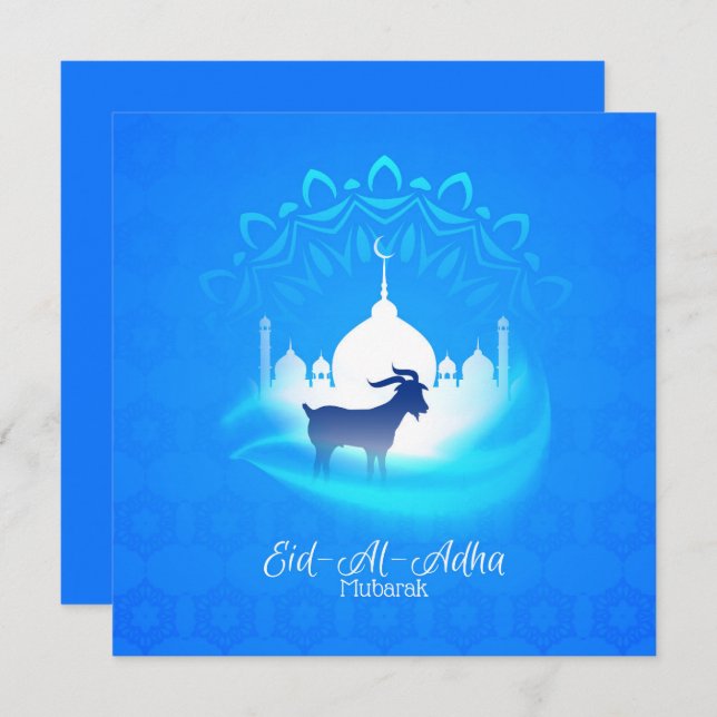 Tarjeta Festiva Feliz Eid Al Adha Mubarak Cabra Azul Blanco Islámi (Anverso / Reverso)