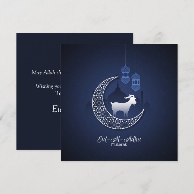 Tarjeta Festiva Feliz Eid Al Adha Mubarak Cabra blanca azul islámi (Anverso / Reverso)