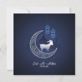 Tarjeta Festiva Feliz Eid Al Adha Mubarak Cabra blanca azul islámi