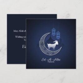 Tarjeta Festiva Feliz Eid Al Adha Mubarak Cabra blanca azul islámi