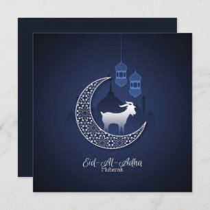 Tarjeta Festiva Feliz Eid Al Adha Mubarak Cabra blanca azul islámi