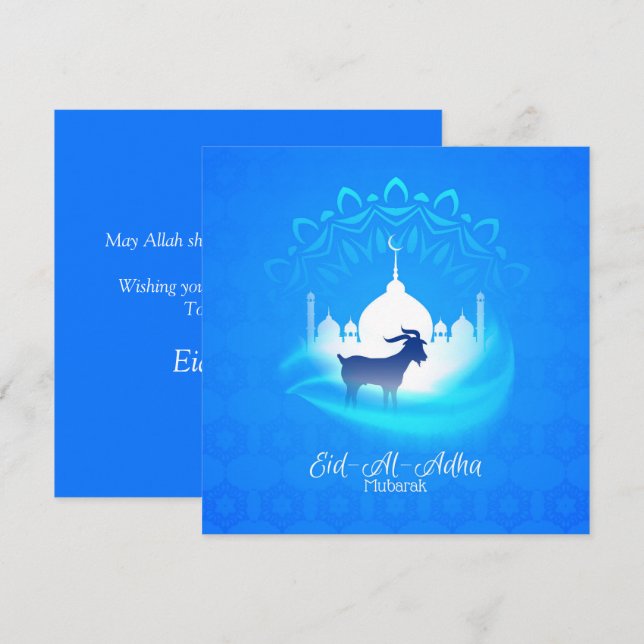 Tarjeta Festiva Feliz Eid Al Adha Mubarak Cabra blanca azul islámi (Anverso / Reverso)