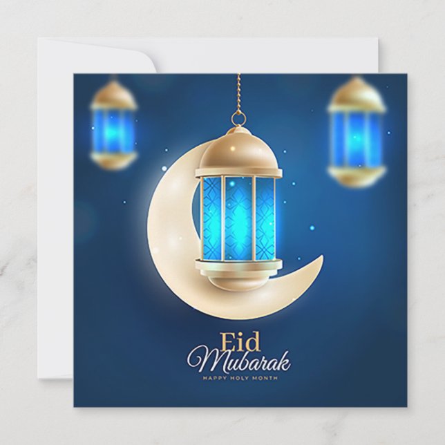 Tarjeta Festiva Feliz Eid Gold Crescent Islam Lantern Blue (Anverso)