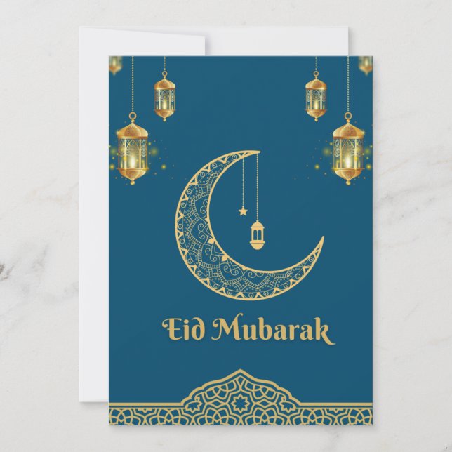 Tarjeta Festiva Feliz Eid Mubarak Azul y Creciente Dorado (Anverso)