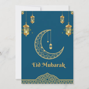 Tarjeta Festiva Feliz Eid Mubarak Azul y Creciente Dorado