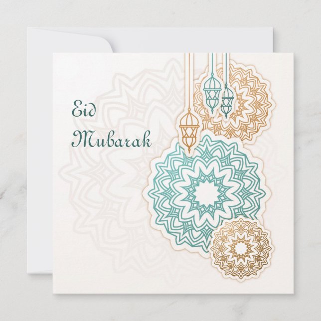 Tarjeta Festiva Feliz Eid Mubarak con farolillos y decoraciones (Anverso)