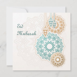 Tarjeta Festiva Feliz Eid Mubarak con farolillos y decoraciones