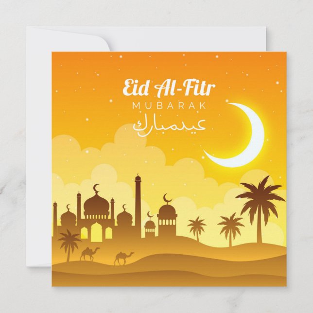 Tarjeta Festiva Feliz Eid Mubarak Crescent mezquita Camello Amaril (Anverso)