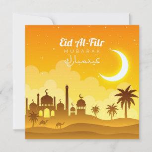 Tarjeta Festiva Feliz Eid Mubarak Crescent mezquita Camello Amaril