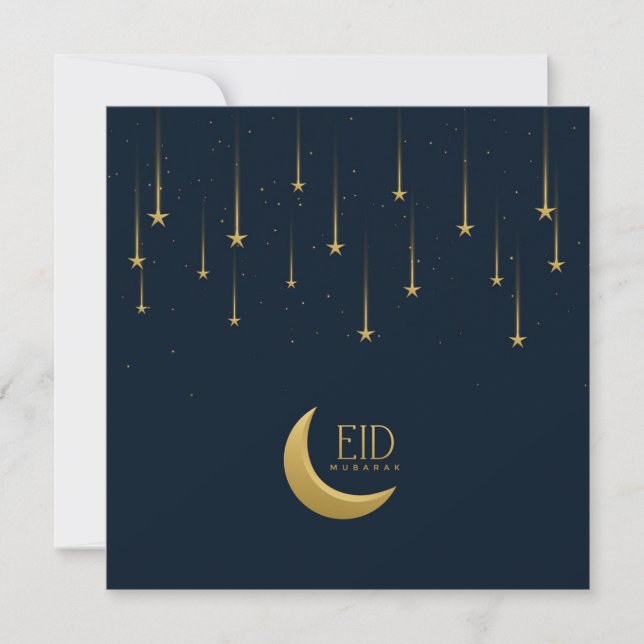 Tarjeta Festiva Feliz Eid Mubarak Crescent Star Gold Blue (Anverso)