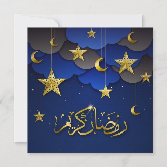 Tarjeta Festiva Feliz Eid Mubarak Crescent Stars Gold Blue (Anverso)