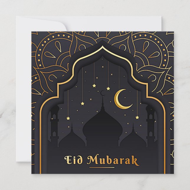 Tarjeta Festiva Feliz Eid Mubarak Crescent Stars Mezquita (Anverso)