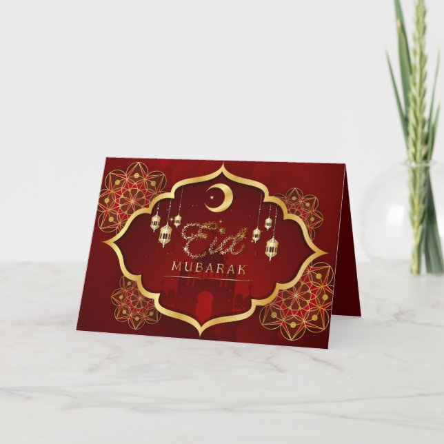 Tarjeta Festiva Feliz Eid Mubarak Cresent Star Gold Red Floral (Anverso)