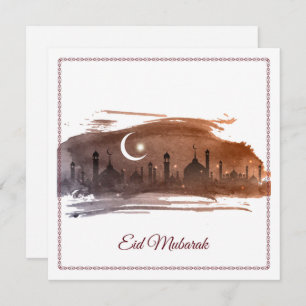 Tarjeta Festiva Feliz Eid Mubarak Cresent Star Mosch Watercolor