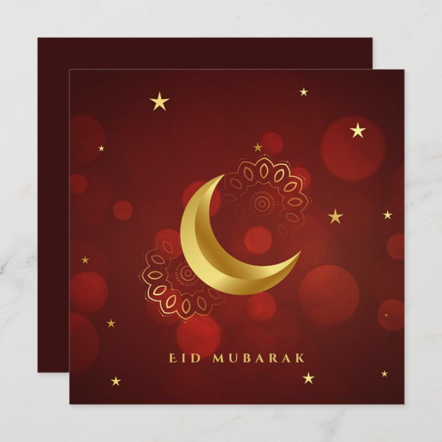 Tarjeta Festiva Feliz Eid Mubarak Estrella Cresal Patrón Oro Rojo (Anverso / Reverso)