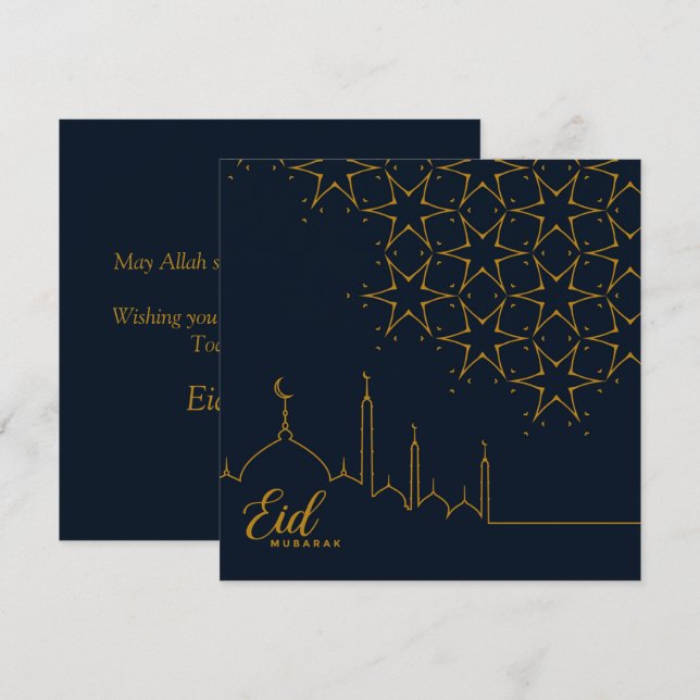Tarjeta Festiva Feliz Eid Mubarak Estrella de la Mezquita Oro Azul (Anverso / Reverso)