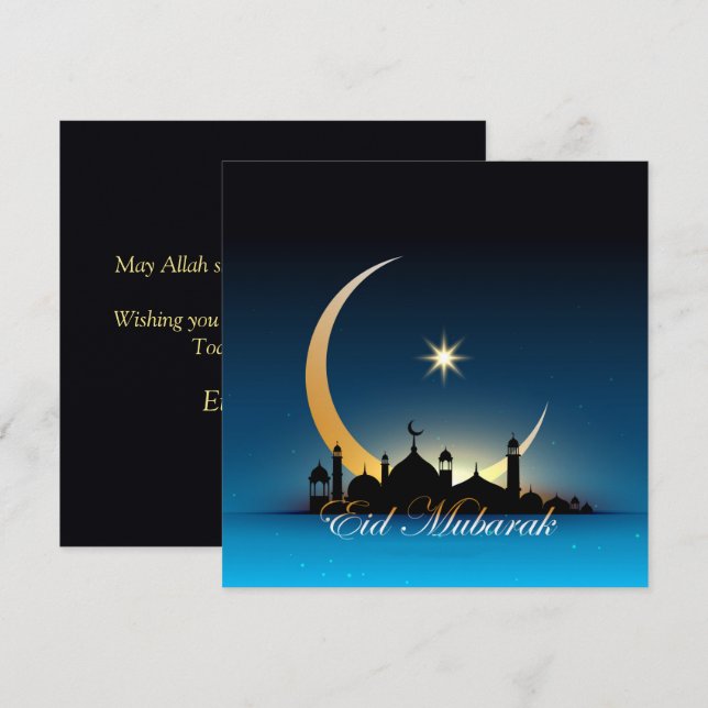 Tarjeta Festiva Feliz Eid Mubarak Estrella Mezquita Azul negro (Anverso / Reverso)