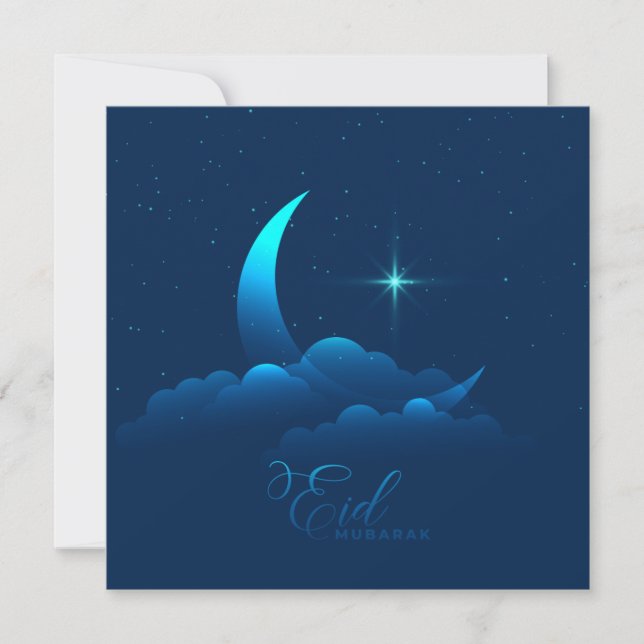 Tarjeta Festiva Feliz Eid Mubarak Estrellas Creses Nubes Azul (Anverso)