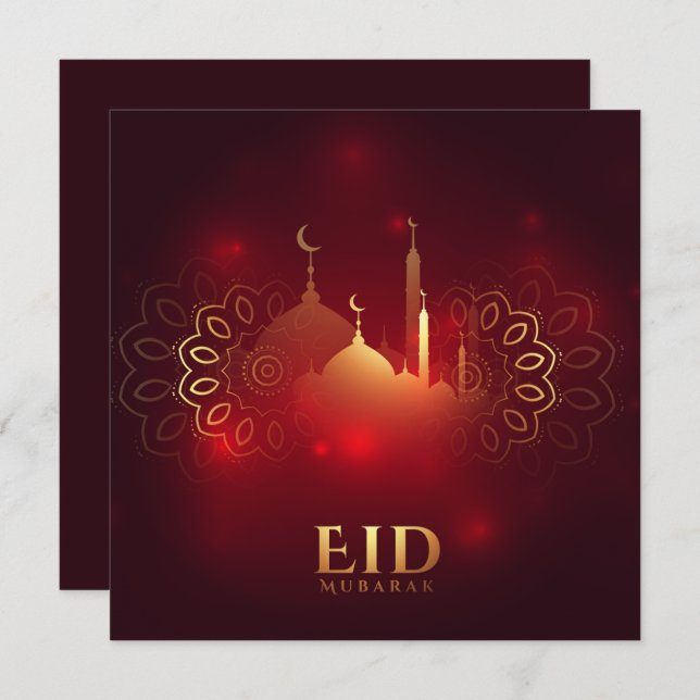 Tarjeta Festiva Feliz Eid Mubarak Mezquita de la Media Luna Dorada (Anverso / Reverso)