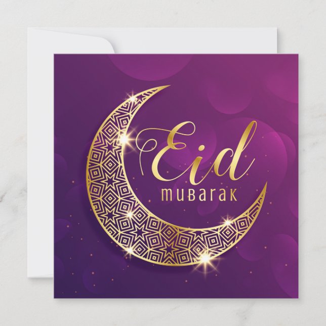Tarjeta Festiva Feliz Eid Mubarak Morado y Creciente Dorado (Anverso)