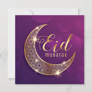 Tarjeta Festiva Feliz Eid Mubarak Morado y Creciente Dorado