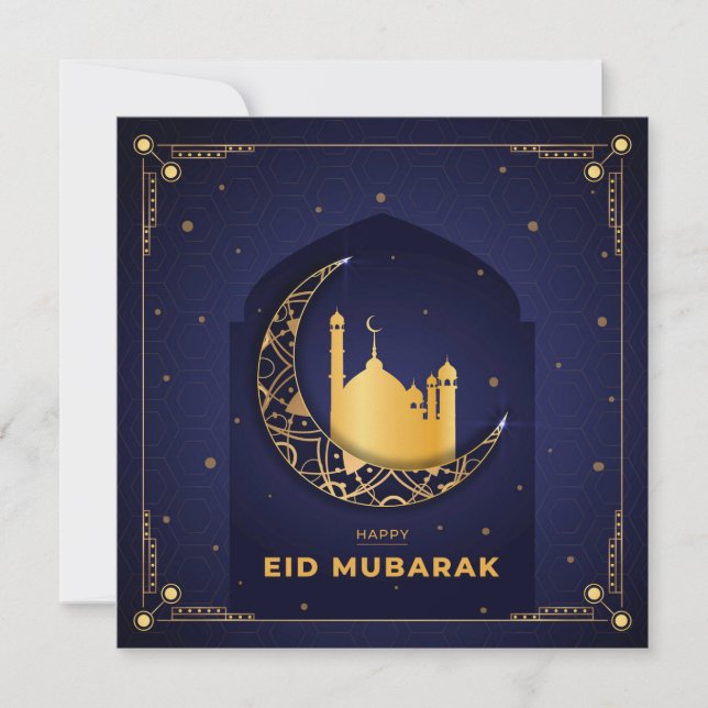 Tarjeta Festiva Feliz Eid Mubarak Oro Crescent Mezquita Azul (Anverso)