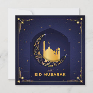 Tarjeta Festiva Feliz Eid Mubarak Oro Crescent Mezquita Azul 