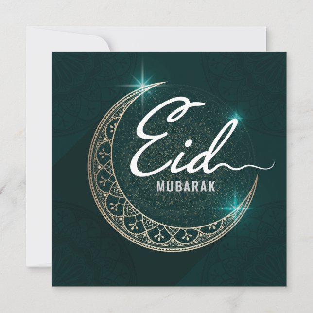Tarjeta Festiva Feliz Eid Mubarak Reduciendo Verde Blanco Crescent (Anverso)