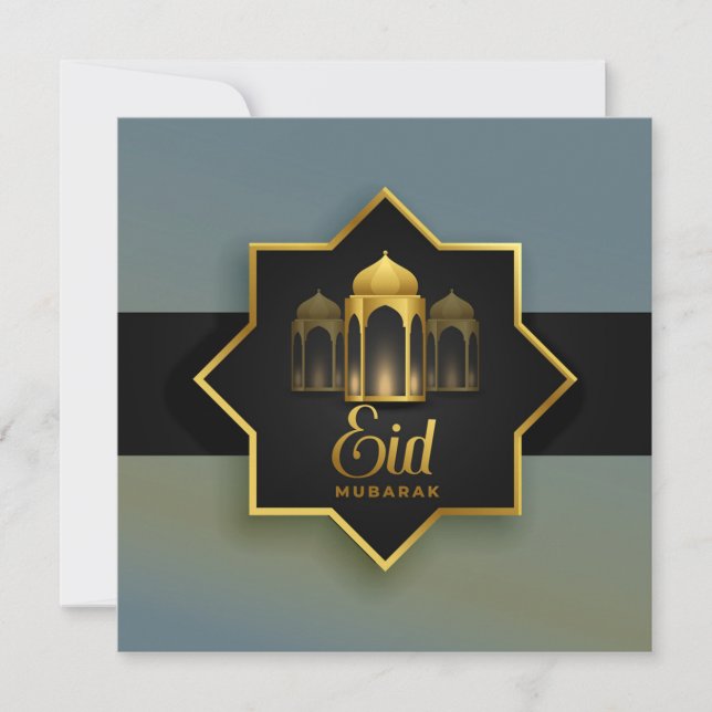 Tarjeta Festiva Feliz Eid Mubarak Star Gold Black Blue (Anverso)