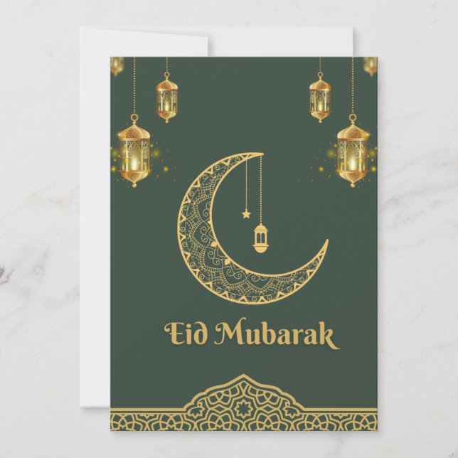 Tarjeta Festiva Feliz Eid Mubarak Verde oscuro y Creciente dorado (Anverso)