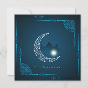 Tarjeta Festiva Feliz Eid White Crescent Mezquita Azul 