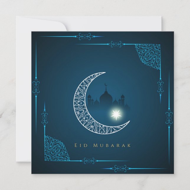 Tarjeta Festiva Feliz Eid White Crescent Mezquita Azul (Anverso)