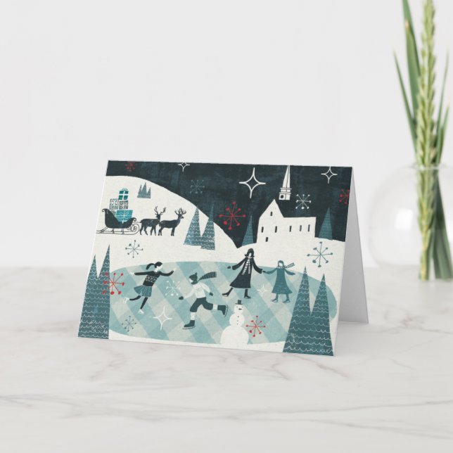 Tarjeta Festiva Feliz escena patinadora de Christmastime (Anverso)