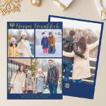 Tarjeta Festiva Feliz familia Hanukkah 3 Collages de fotos azul mo<br><div class="desc">Tarjeta Hanukkah de fotos de la familia judía de personalizable moderno con una colección de fotos de invierno. Añada 3 de sus recuerdos favoritos de Chanukah en este moderno diseño de tres fotografías debajo de una menorah y un guión cursivo de oro. Feliz Hanukkah.</div>