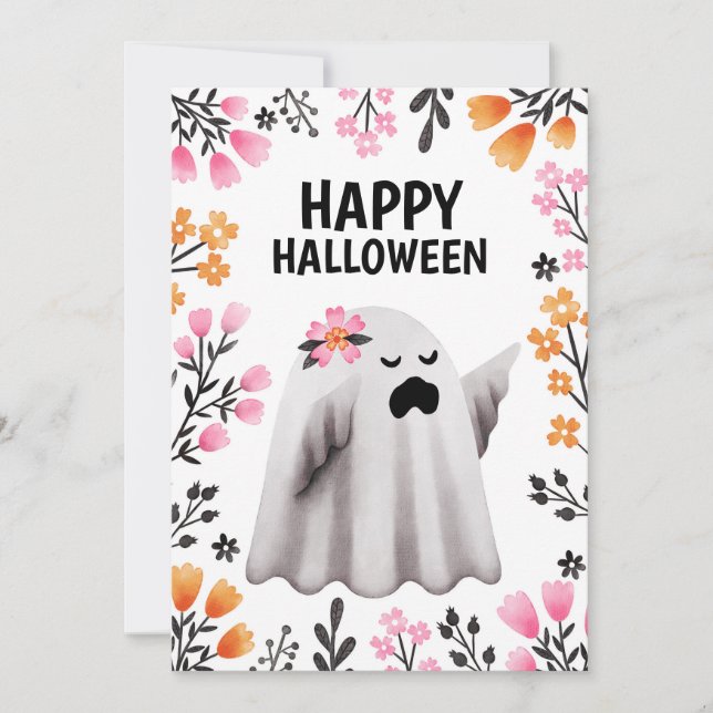Tarjeta Festiva Feliz Fantasma de Halloween con Pastel Florals (Anverso)