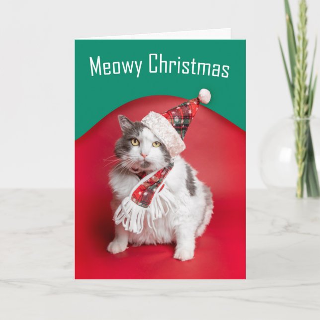 Tarjeta Festiva Feliz felino navideño en Gorra navideño y bufanda (Anverso)